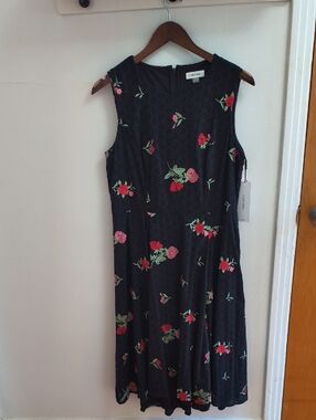 NWT Calvin Klein Black Sleeveless Midi Dress with Red & Pink Floral Embroidery